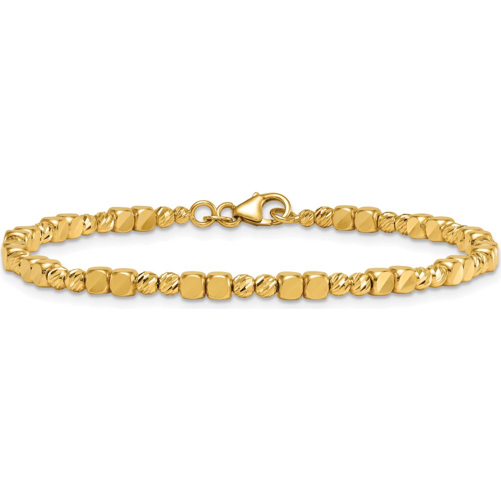 14K Yellow Gold Polished Diamond-Cut and Square Beaded 7" Bracelet with Lobster Clasp by Oro Pregiato