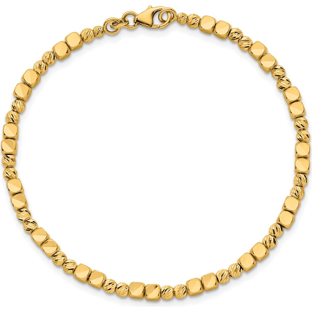 14K Yellow Gold Polished Diamond-Cut and Square Beaded 7" Bracelet with Lobster Clasp by Oro Pregiato