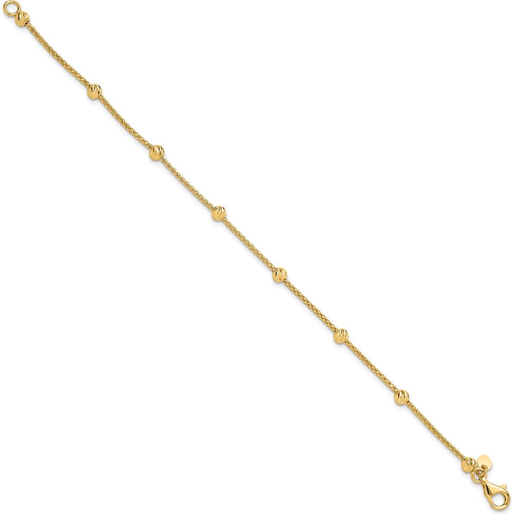 14K Yellow Gold Polished Diamond-Cut Beads and Mesh Chain Bracelet - 7.5" Length by 0