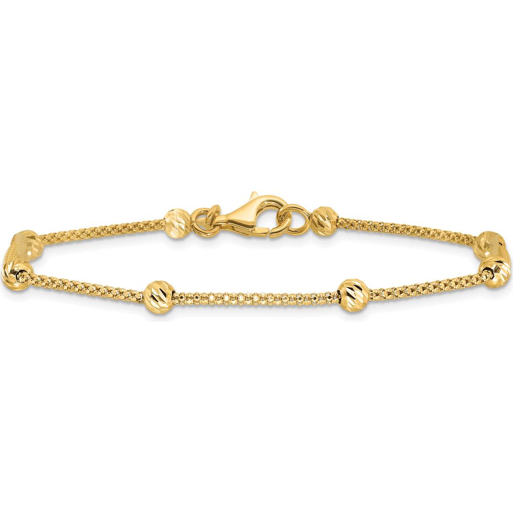 14K Yellow Gold Polished Diamond-Cut Beads and Mesh Chain Bracelet - 7.5" Length by 0