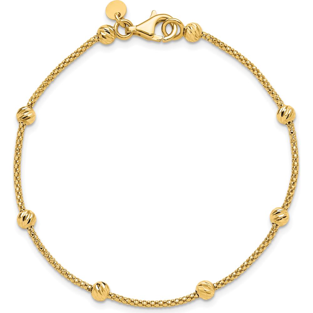 14K Yellow Gold Polished Diamond-Cut Beads and Mesh Chain Bracelet - 7.5" Length by 0