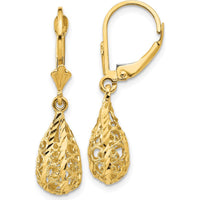 14K Yellow Gold Polished Diamond-Cut Filigree Dangle Leverback Earrings by Oro Pregiato