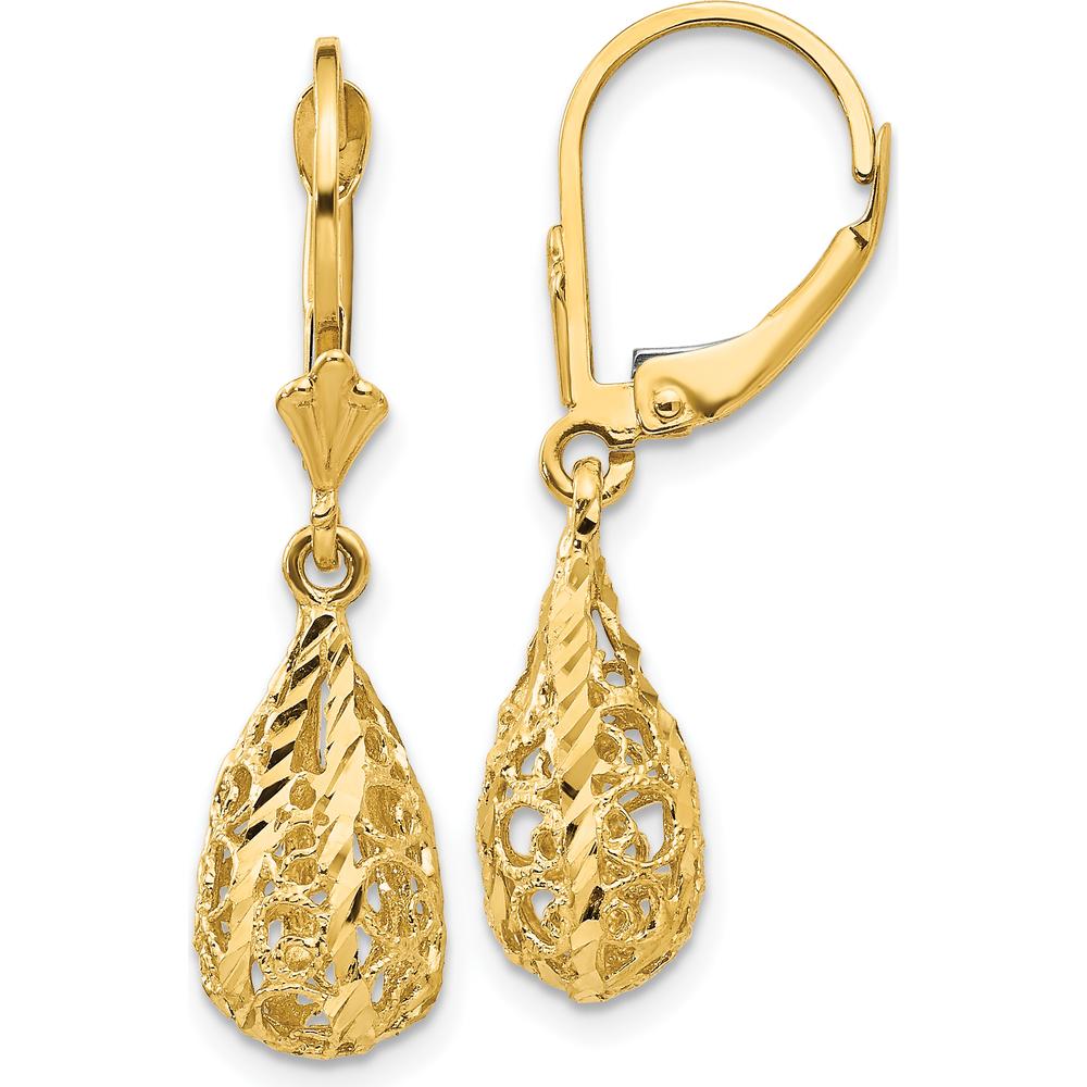 14K Yellow Gold Polished Diamond-Cut Filigree Dangle Leverback Earrings by Oro Pregiato