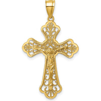 14K Yellow Gold Polished Diamond-Cut Fleur de Lis Filigree Crucifix Pendant - 33.8mm Length by Oro Pregiato