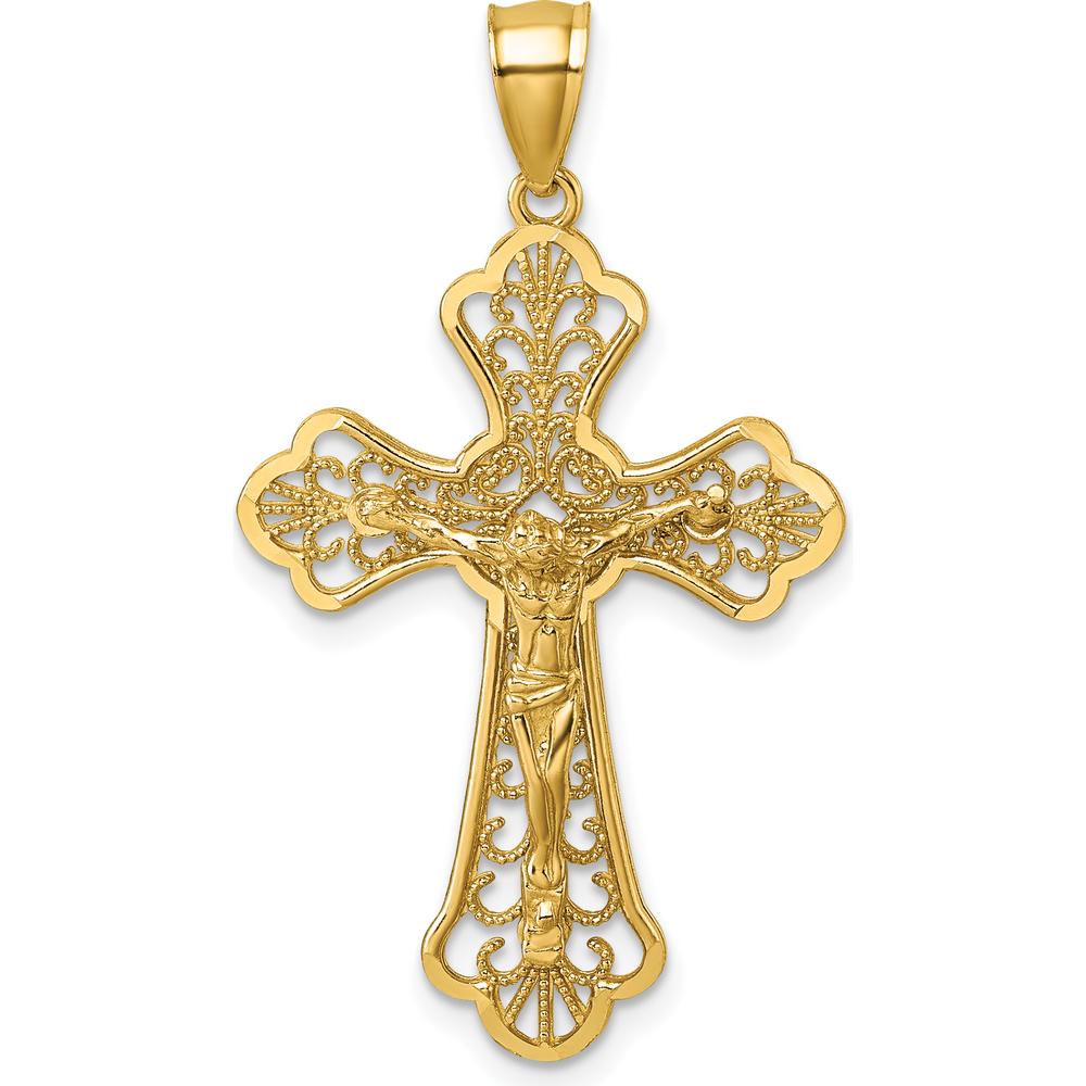14K Yellow Gold Polished Diamond-Cut Fleur de Lis Filigree Crucifix Pendant - 33.8mm Length by Oro Pregiato