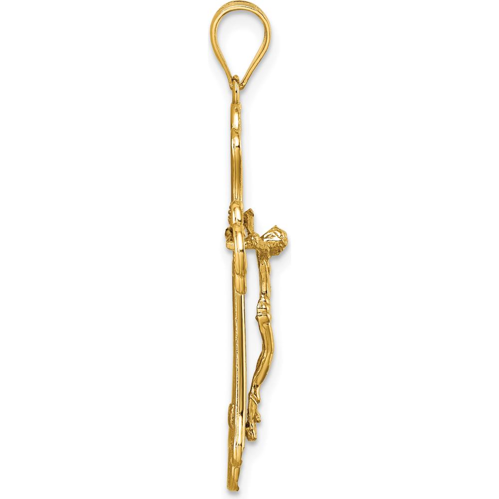 14K Yellow Gold Polished Diamond-Cut Fleur de Lis Filigree Crucifix Pendant - 33.8mm Length by Oro Pregiato