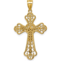14K Yellow Gold Polished Diamond-Cut Fleur de Lis Filigree Crucifix Pendant - 33.8mm Length by Oro Pregiato