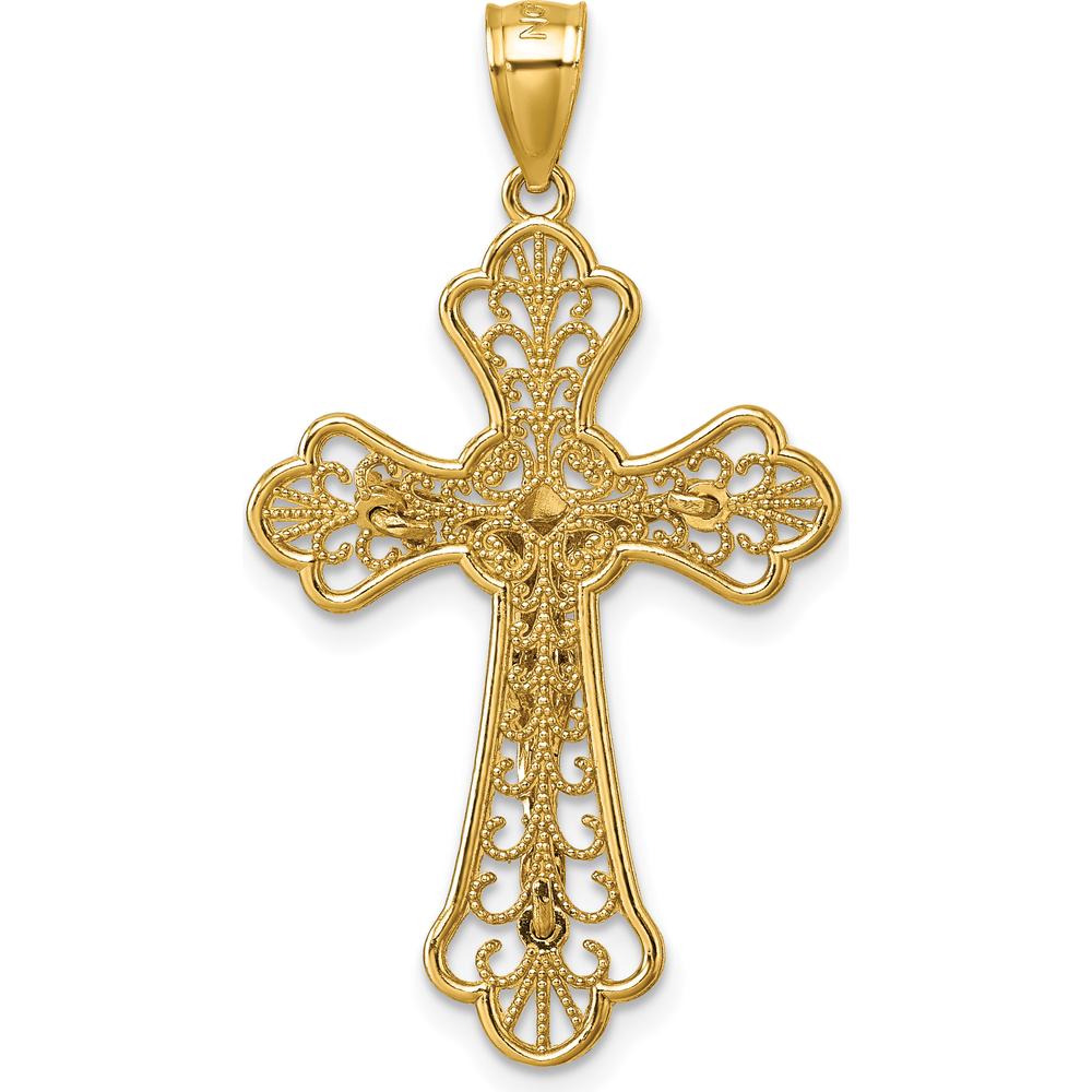 14K Yellow Gold Polished Diamond-Cut Fleur de Lis Filigree Crucifix Pendant - 33.8mm Length by Oro Pregiato