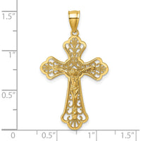 14K Yellow Gold Polished Diamond-Cut Fleur de Lis Filigree Crucifix Pendant - 33.8mm Length by Oro Pregiato