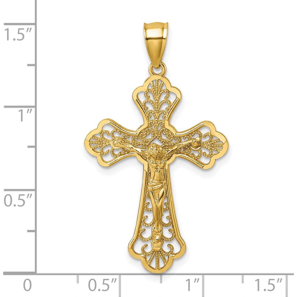 14K Yellow Gold Polished Diamond-Cut Fleur de Lis Filigree Crucifix Pendant - 33.8mm Length by Oro Pregiato
