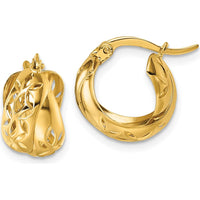 14K Yellow Gold Polished Diamond-Cut Floral Design Double Hoop Earrings by 0
