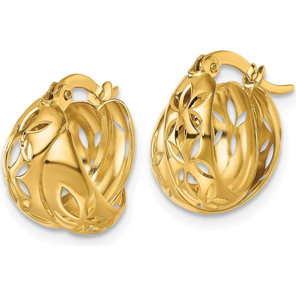 14K Yellow Gold Polished Diamond-Cut Floral Design Double Hoop Earrings by 0