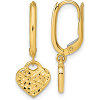 14K Yellow Gold Polished Diamond-Cut Heart Dangle Leverback Earrings - 24.4mm Length by 0