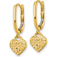 14K Yellow Gold Polished Diamond-Cut Heart Dangle Leverback Earrings - 24.4mm Length by 0