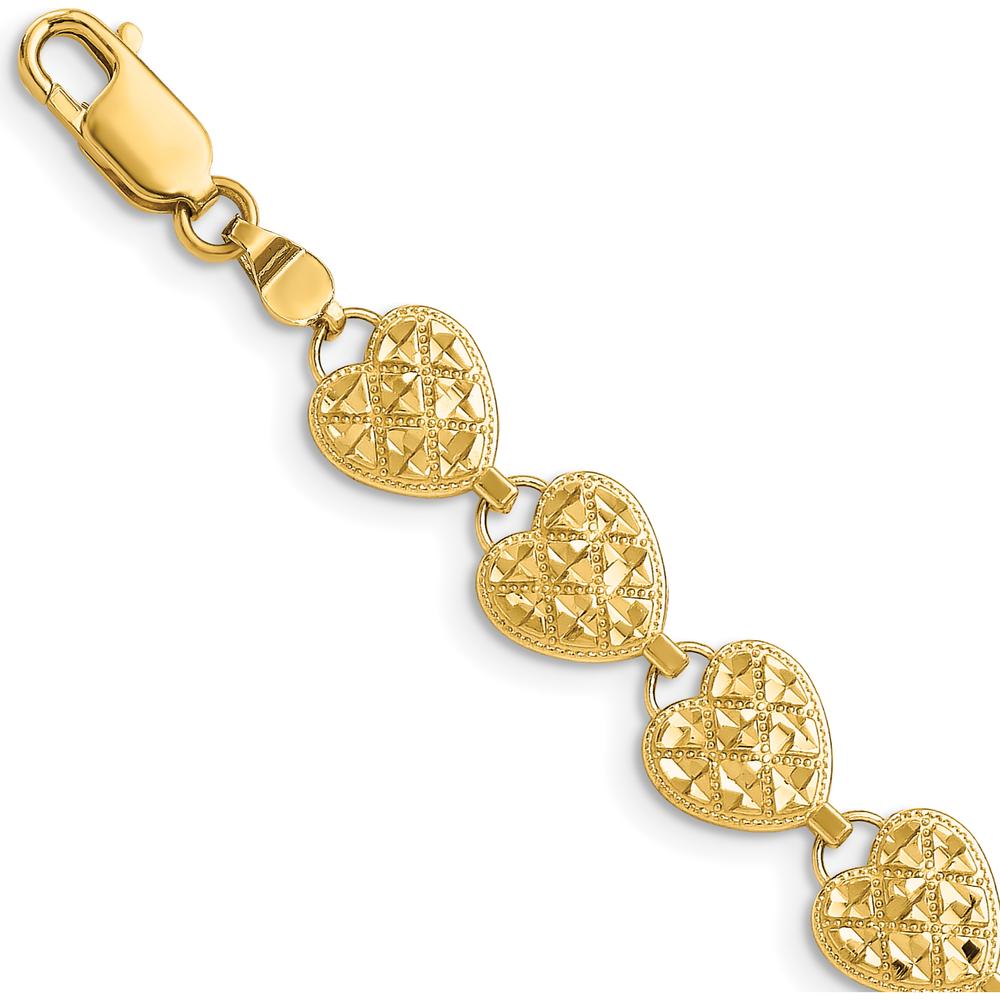 14K Yellow Gold Polished Diamond-Cut Hearts 7" Bracelet with 14 Heart Stations by Oro Pregiato