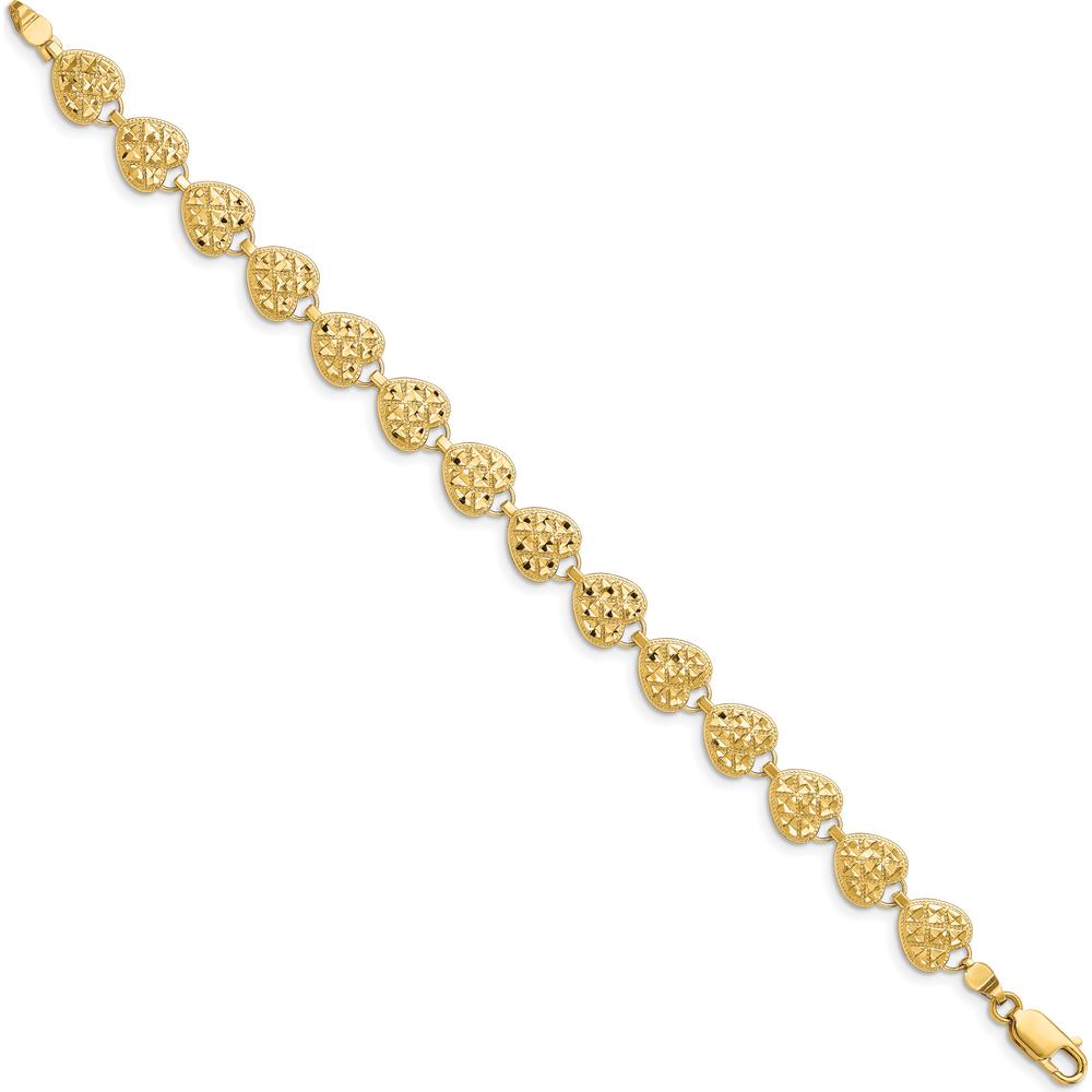 14K Yellow Gold Polished Diamond-Cut Hearts 7" Bracelet with 14 Heart Stations by Oro Pregiato