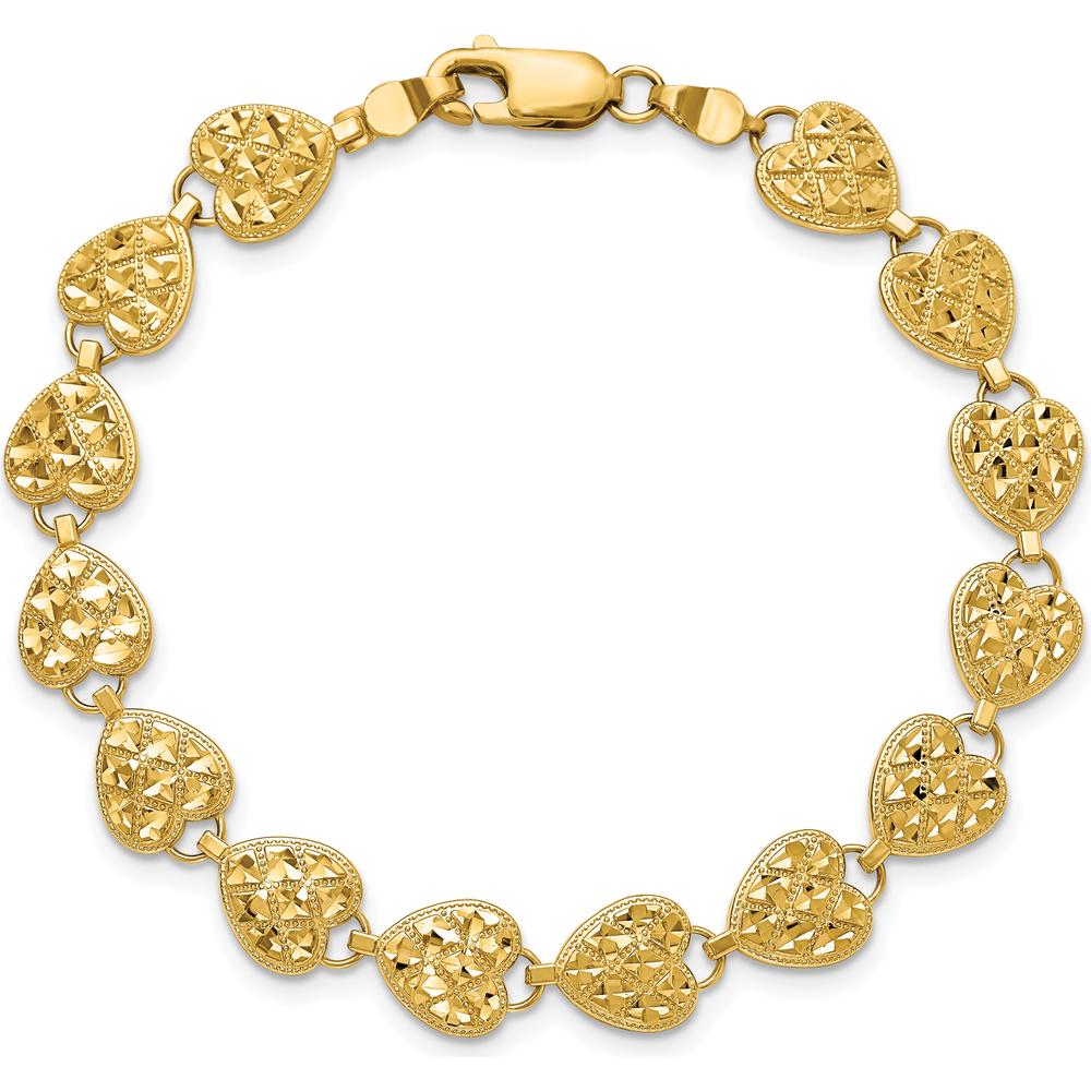 14K Yellow Gold Polished Diamond-Cut Hearts 7" Bracelet with 14 Heart Stations by Oro Pregiato