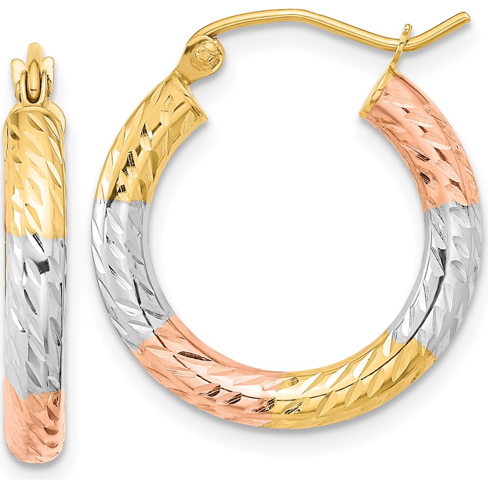 14K Yellow Gold Polished Diamond-Cut Hoop Earrings with Rose Rhodium Accents - 20.8mm Length by 0