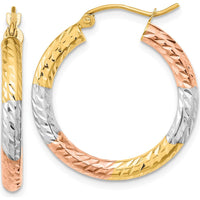 14K Yellow Gold Polished Diamond-Cut Hoop Earrings with White and Rose Rhodium Accents - 27.2mm Length by 0