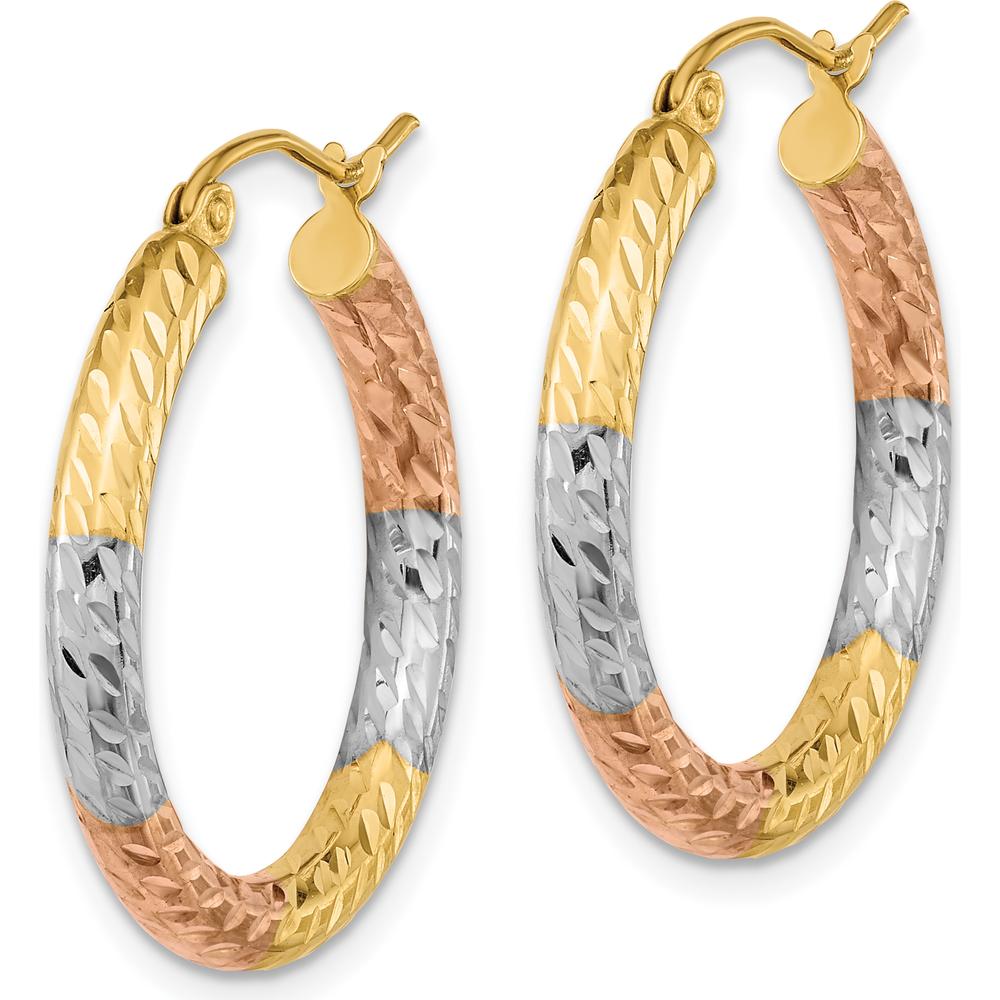 14K Yellow Gold Polished Diamond-Cut Hoop Earrings with White and Rose Rhodium Accents - 27.2mm Length by 0