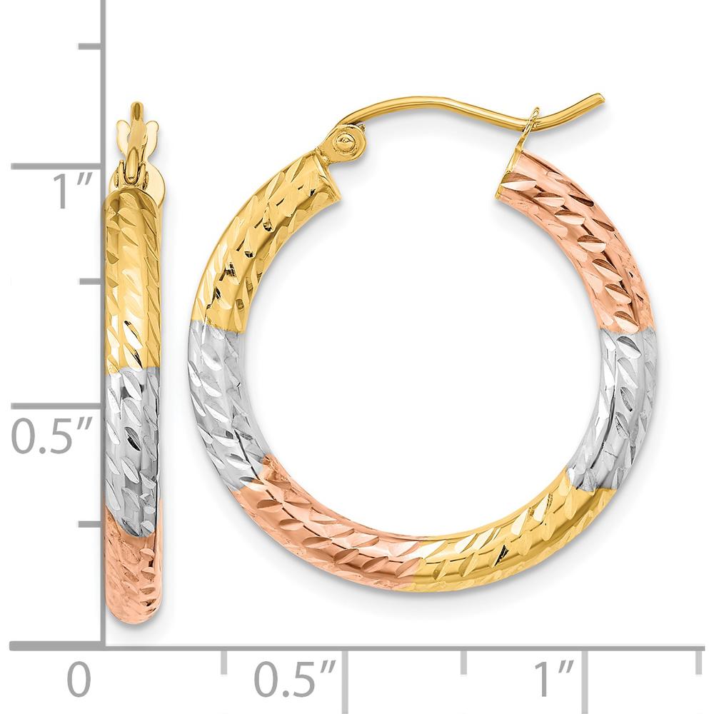 14K Yellow Gold Polished Diamond-Cut Hoop Earrings with White and Rose Rhodium Accents - 27.2mm Length by 0