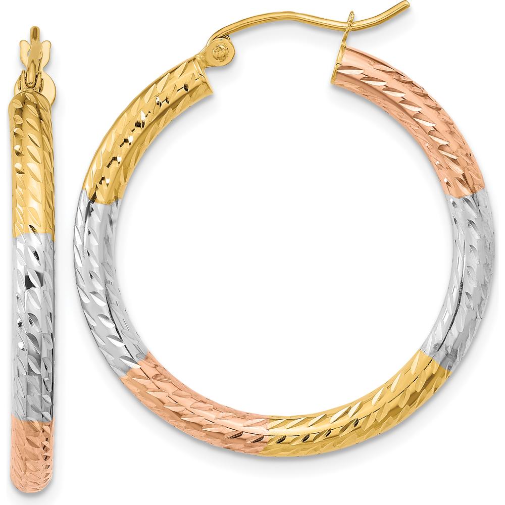 14K Yellow Gold Polished Diamond-Cut Hoop Earrings with White Rhodium Accents by 0