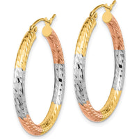 14K Yellow Gold Polished Diamond-Cut Hoop Earrings with White Rhodium Accents by 0