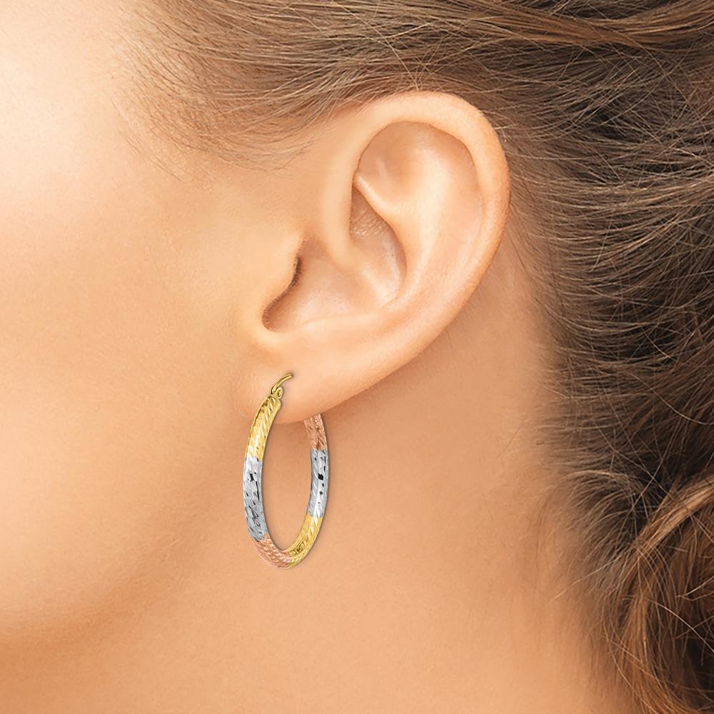 14K Yellow Gold Polished Diamond-Cut Hoop Earrings with White Rhodium Accents by 0