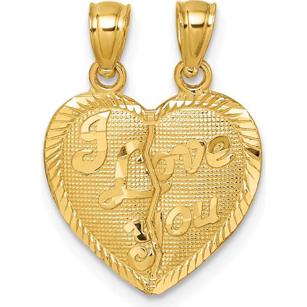 14K Yellow Gold Polished Diamond-Cut "I Love You" Break-Apart Heart Pendant by Oro Pregiato
