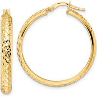 14K Yellow Gold Polished Diamond Cut Large Hoop Earrings - Elegant Textured Design by 0