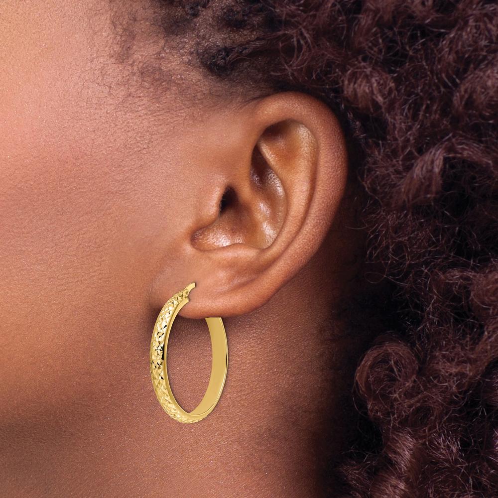 14K Yellow Gold Polished Diamond Cut Large Hoop Earrings - Elegant Textured Design by 0