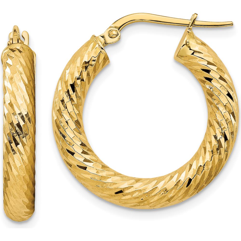 14K Yellow Gold Polished Diamond-Cut Medium Hoop Earrings - 23.4mm Length by 0