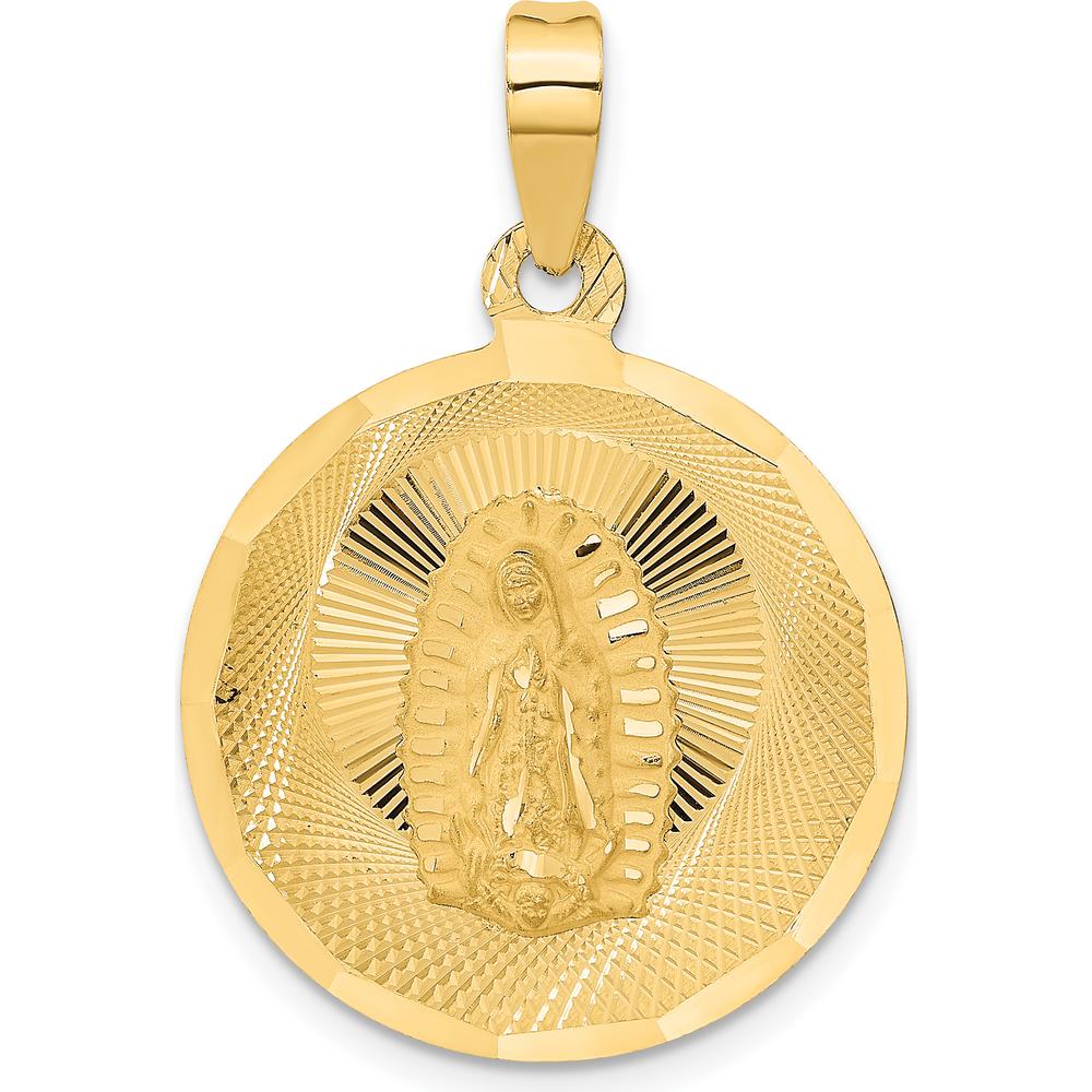 14K Yellow Gold Polished Diamond-cut Our Lady of Guadalupe Round Pendant - 33mm Length by Oro Pregiato