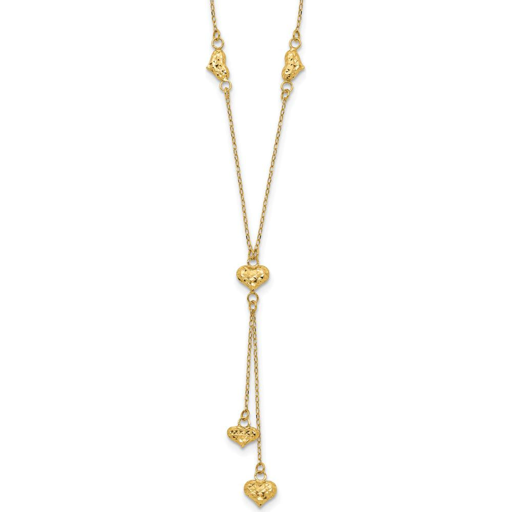 14K Yellow Gold Polished Diamond-Cut Puffed Hearts Lariat Necklace with 2" Extender by 0