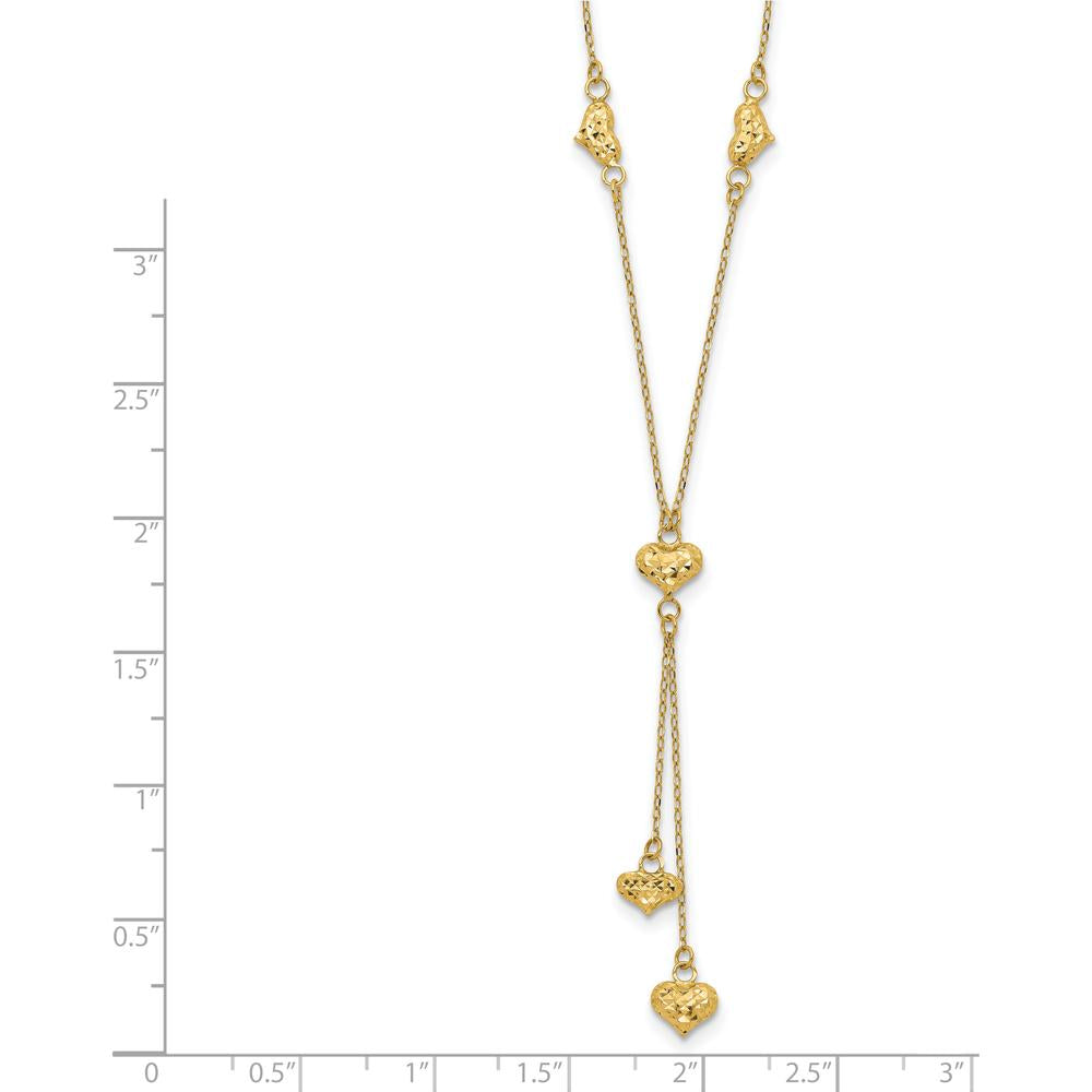 14K Yellow Gold Polished Diamond-Cut Puffed Hearts Lariat Necklace with 2" Extender by 0