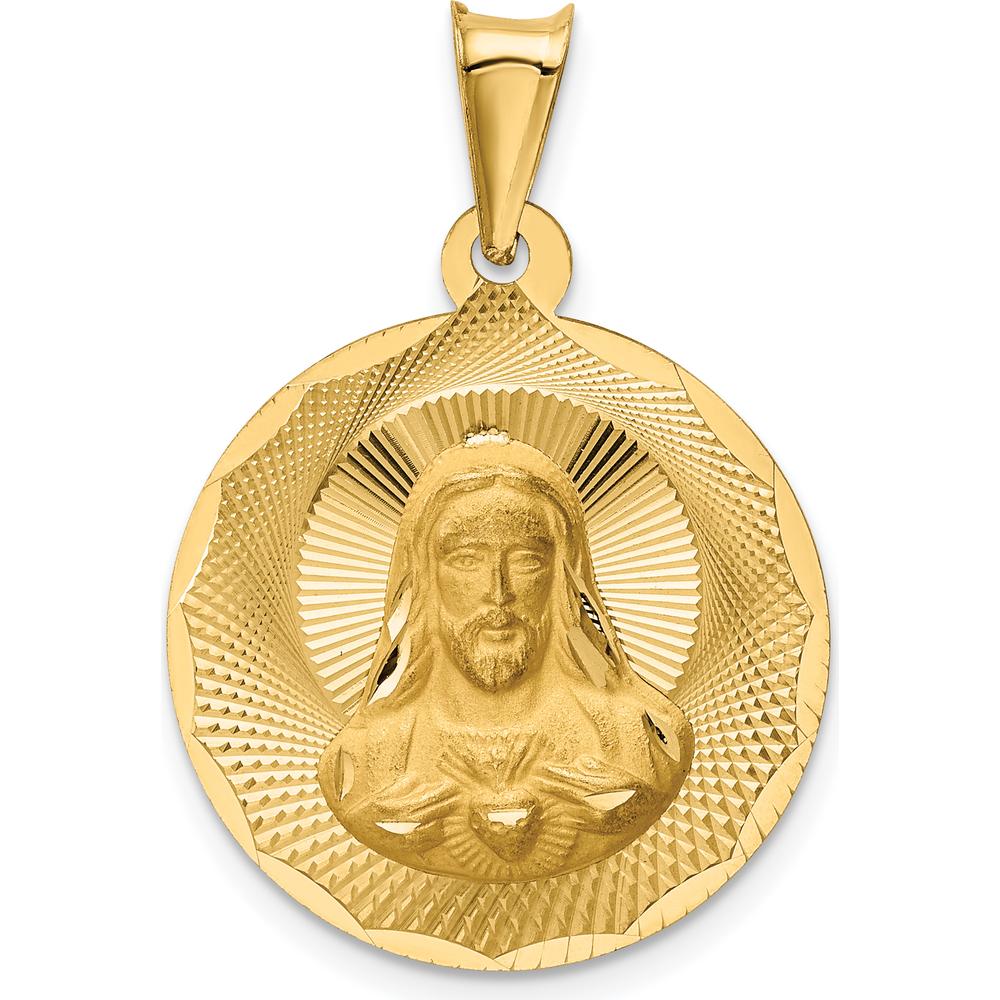 14K Yellow Gold Polished Diamond-Cut Sagrado Corazon de Jesus Round Pendant by Oro Pregiato