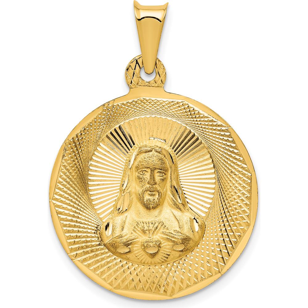 14K Yellow Gold Polished Diamond-cut Sagrado Corazon de Jesus Round Pendant by Oro Pregiato