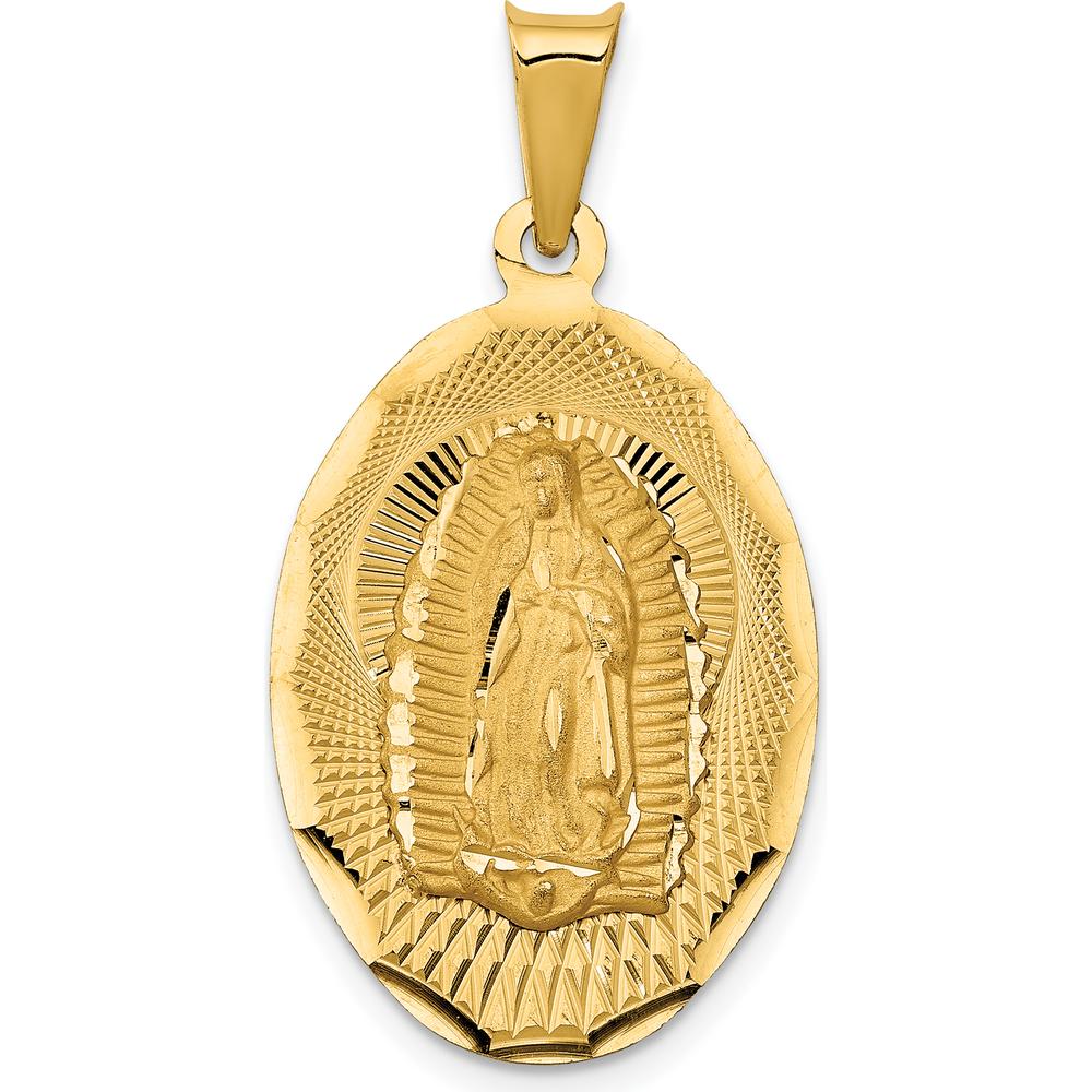 14K Yellow Gold Polished Diamond-Cut Solid Our Lady of Guadalupe Oval Pendant - 34mm Length by Oro Pregiato