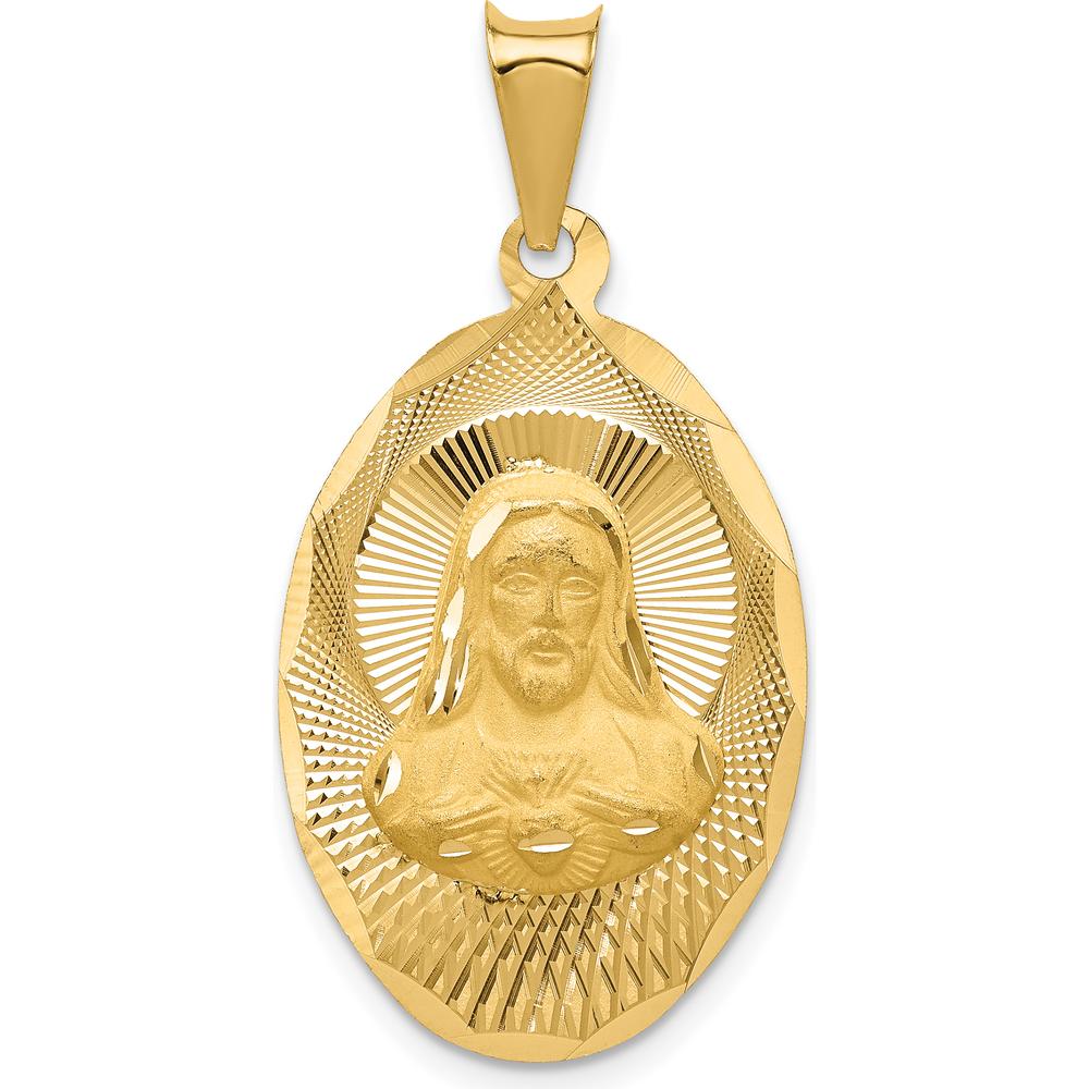 14K Yellow Gold Polished Diamond-Cut Solid Sagrado Corazon de Jesus Oval Pendant by Oro Pregiato