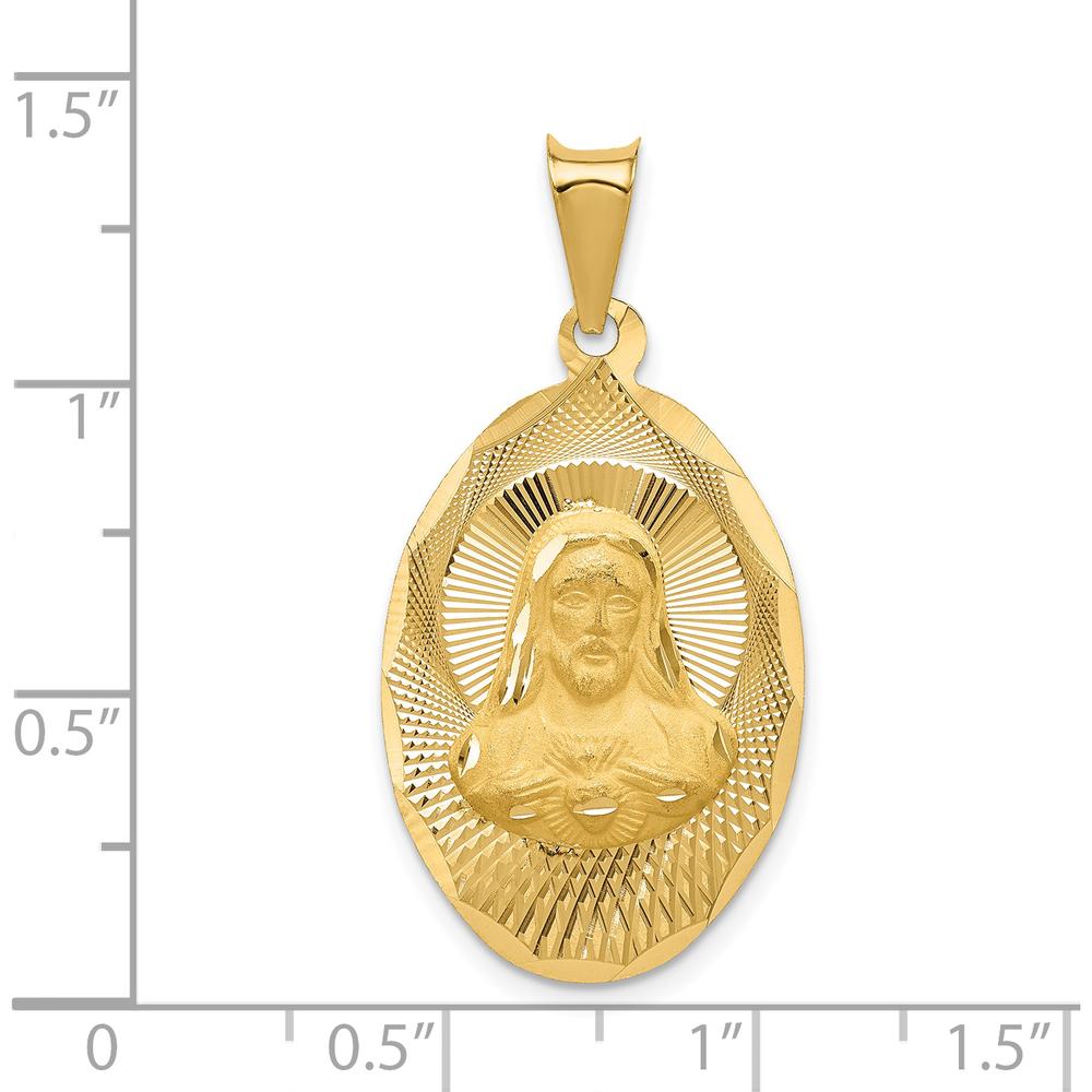 14K Yellow Gold Polished Diamond-Cut Solid Sagrado Corazon de Jesus Oval Pendant by Oro Pregiato