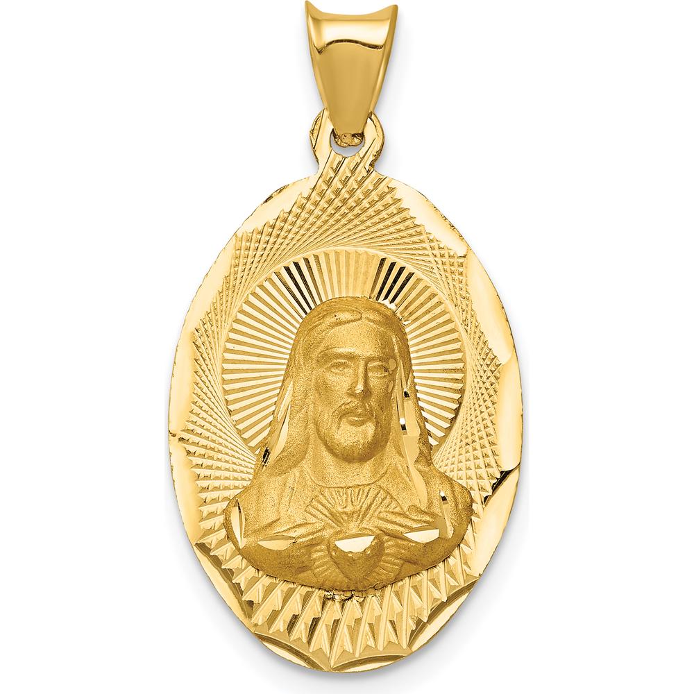 14K Yellow Gold Polished Diamond-Cut Solid Sagrado Corazon de Jesus Oval Pendant by Oro Pregiato