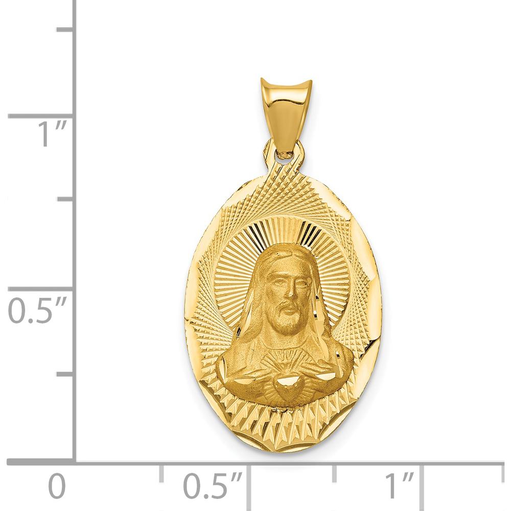 14K Yellow Gold Polished Diamond-Cut Solid Sagrado Corazon de Jesus Oval Pendant by Oro Pregiato