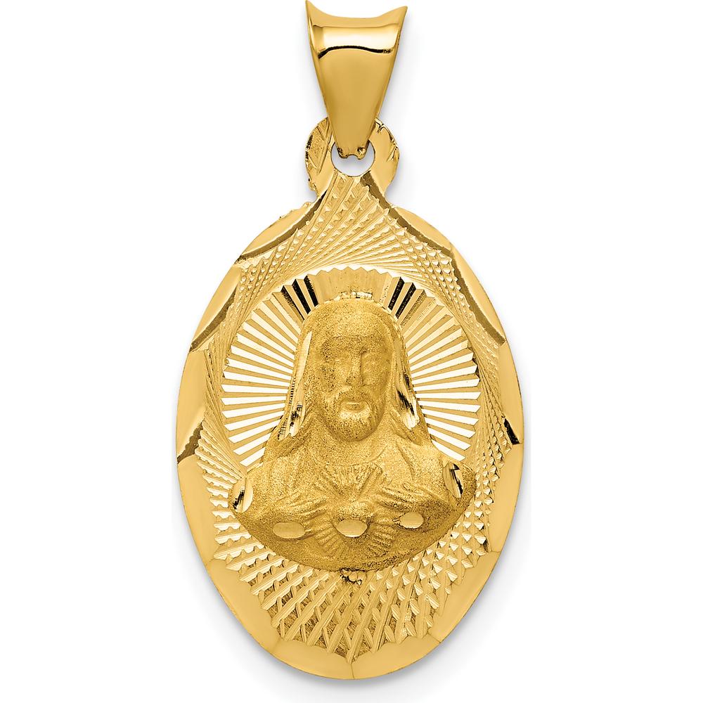 14K Yellow Gold Polished Diamond-Cut Solid Sagrado Corazon de Jesus Oval Pendant - Spiritual Religious Jewelry by Oro Pregiato