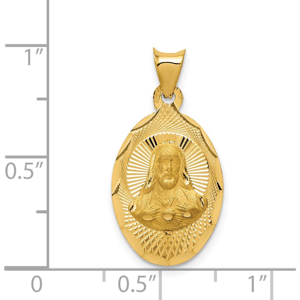 14K Yellow Gold Polished Diamond-Cut Solid Sagrado Corazon de Jesus Oval Pendant - Spiritual Religious Jewelry by Oro Pregiato