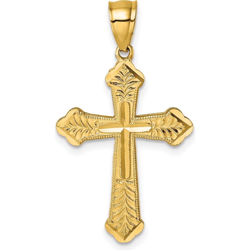 14K Yellow Gold Polished Diamond-Cut Textured Fancy Budded Cross Pendant - 31.2mm Length by Oro Pregiato