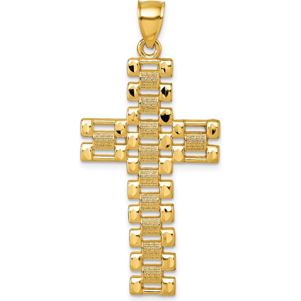14K Yellow Gold Polished Diamond-Cut Textured Fancy Link Design Latin Cross Pendant - 48.9mm Length by Oro Pregiato