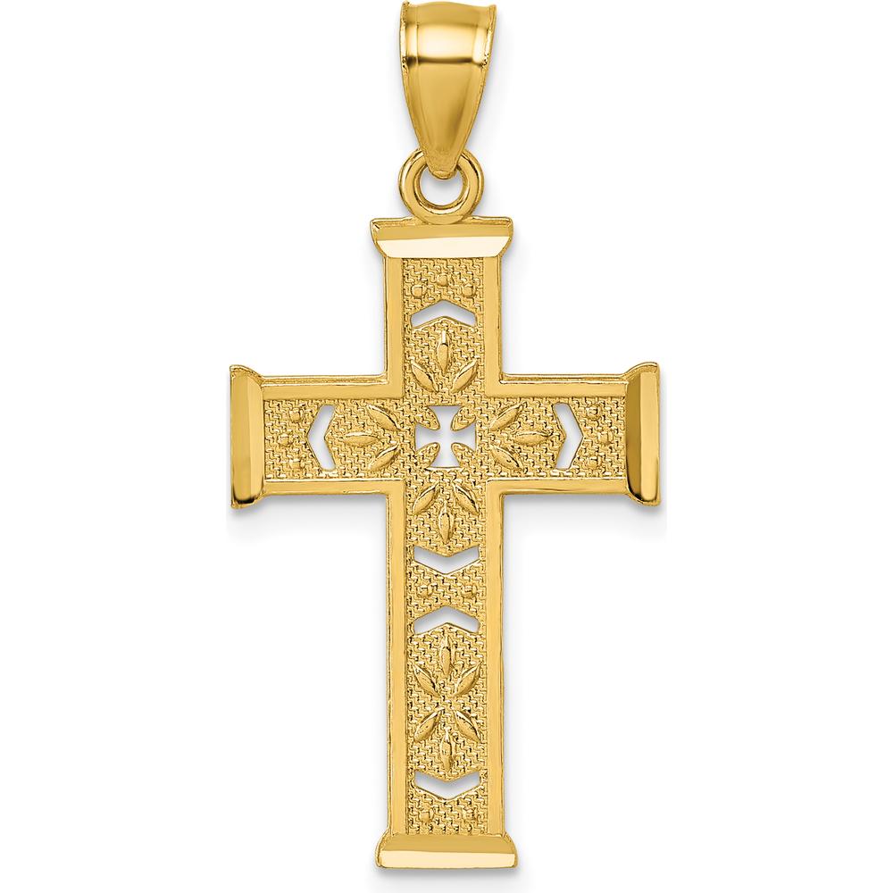 14K Yellow Gold Polished Diamond-Cut Textured Fancy Pierced Design Cross Pendant - 34.1mm Length by Oro Pregiato