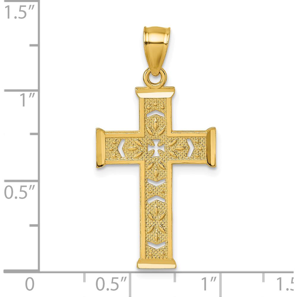 14K Yellow Gold Polished Diamond-Cut Textured Fancy Pierced Design Cross Pendant - 34.1mm Length by Oro Pregiato
