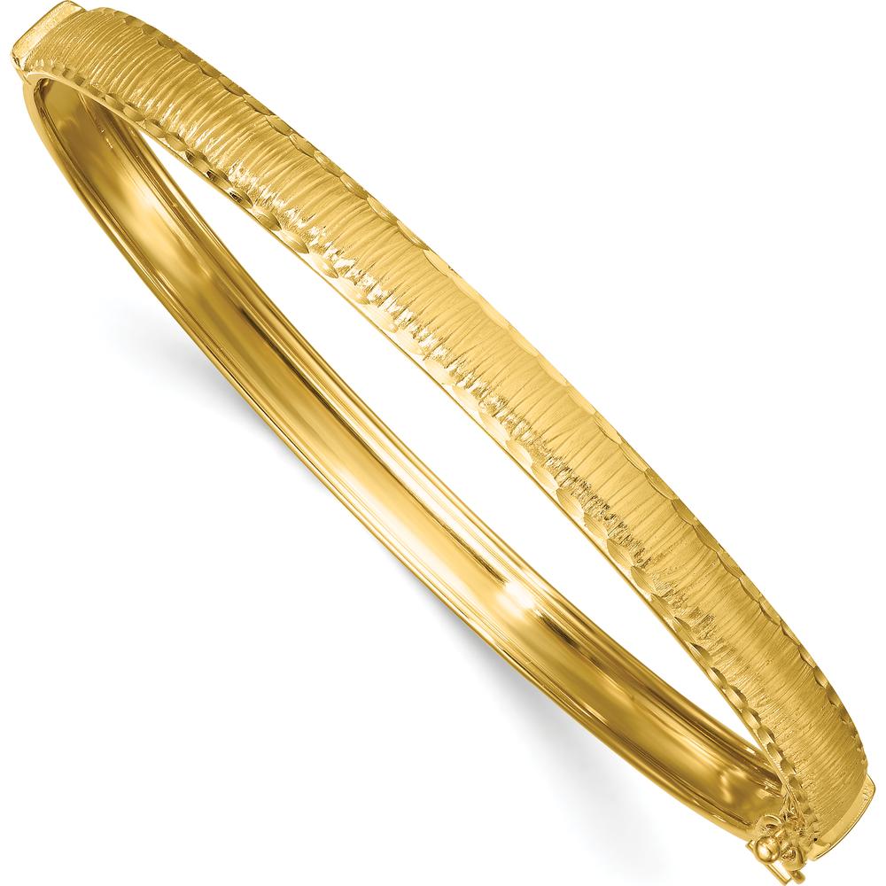 14K Yellow Gold Polished Diamond-cut Textured Hinged Oval Bangle Bracelet - 5.25mm Width by Oro Pregiato