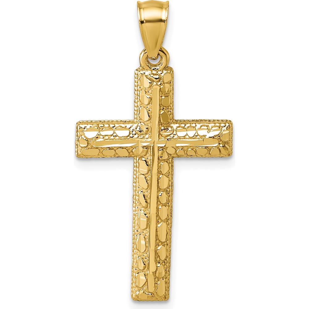 14K Yellow Gold Polished Diamond-Cut Textured Latin Cross Pendant - 36.4mm Length by Oro Pregiato